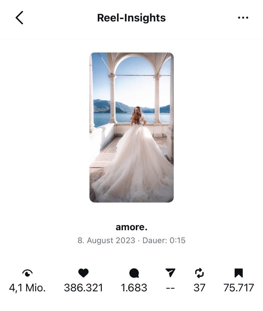 Reel-Insights: 4,1 Mio. Aufrufe, 386.321 Likes, 75.717 Saves