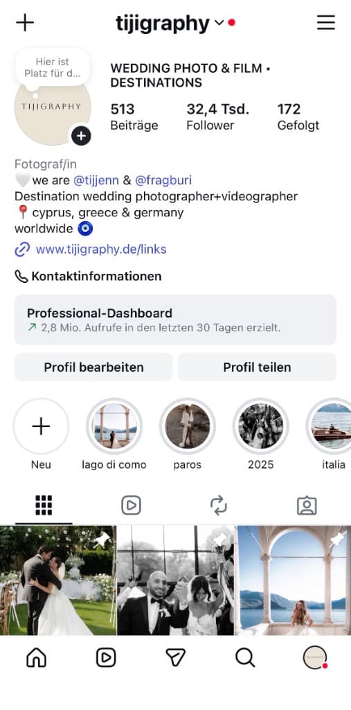 Instagram-Profil tijigraphy: 32.400 Follower, 2,8 Mio. Aufrufe in 30 Tagen
